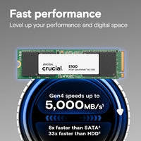 Crucial (CT1000E100SSD8) E100 1TB PCIe Gen4 NVMe M.2 SSD, Sequential Write 4,500 MB/s, Sequential Read 5,000 MB/s