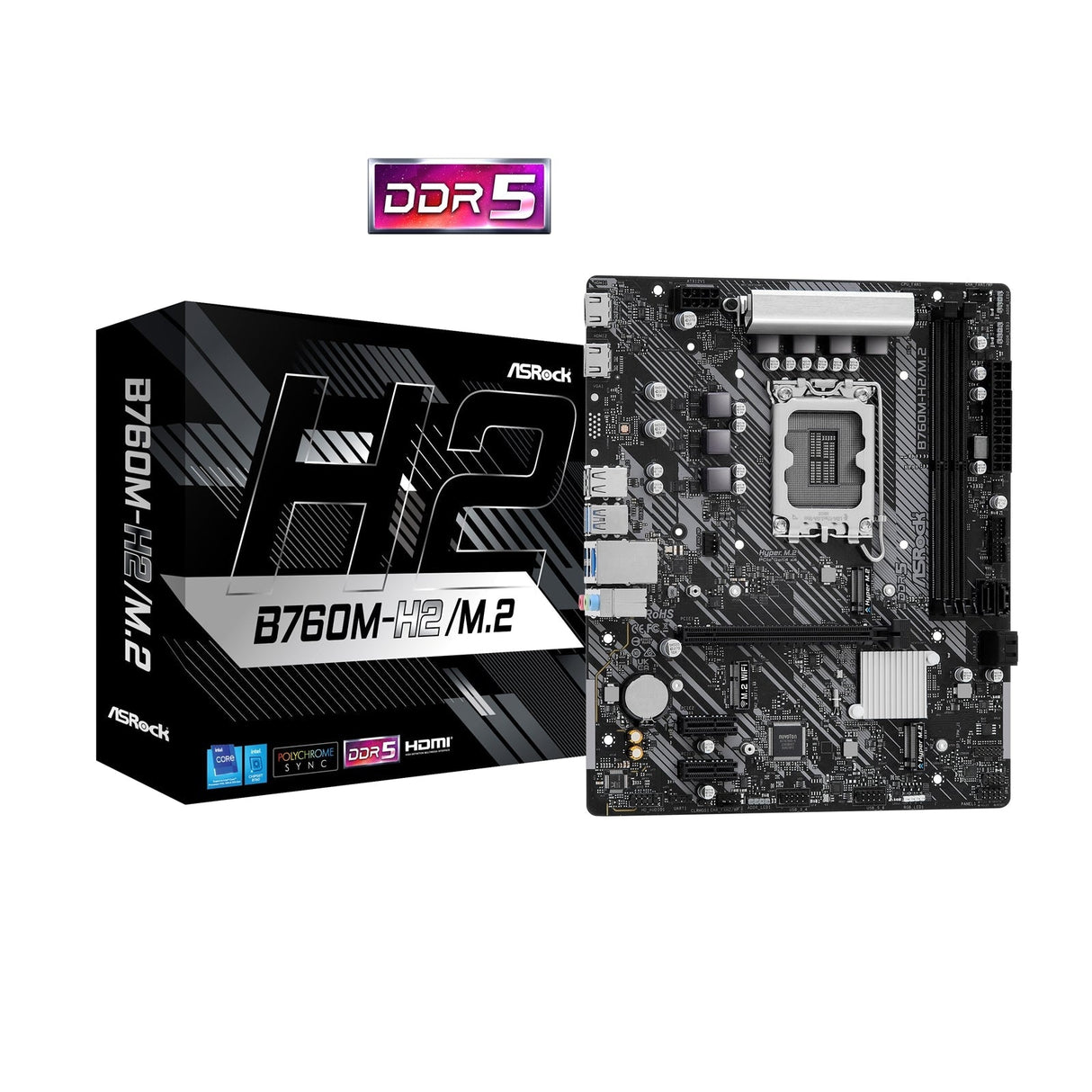 ASRock B760M-H2/M.2 Intel 1700 Socket Motherboard, Micro-ATX, 2x DDR5 Slots, 2x M.2 Socket, 2.5GbE LAN, 2x HDMI Port