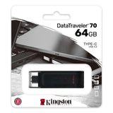 Kingston DT70/64GB DataTraveler 64GB USB Flash Drive, USB 3.2, USB-C, Gen1, 80MB/s, Clear Cap, Black, Retail.