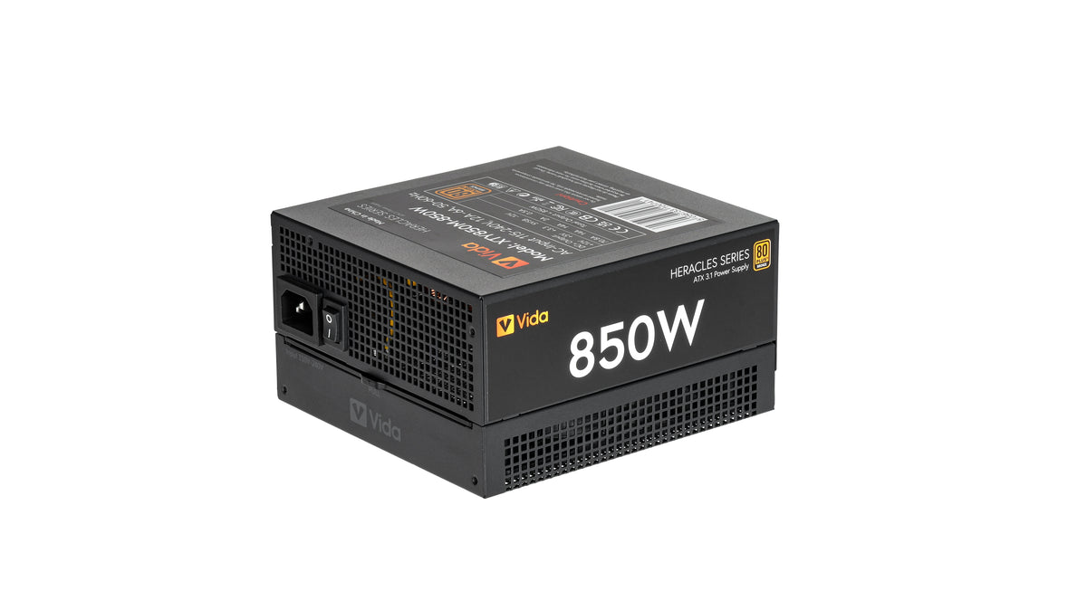 VIDA 850W Heracles Black ATX 3.1 Gaming PSU, 80+ Bronze, 14cm Ultra-Quiet FDM Fan, Flat Black Cables, PCIe 5.1, Power Lead Not Included power supply unit 24-pin ATX