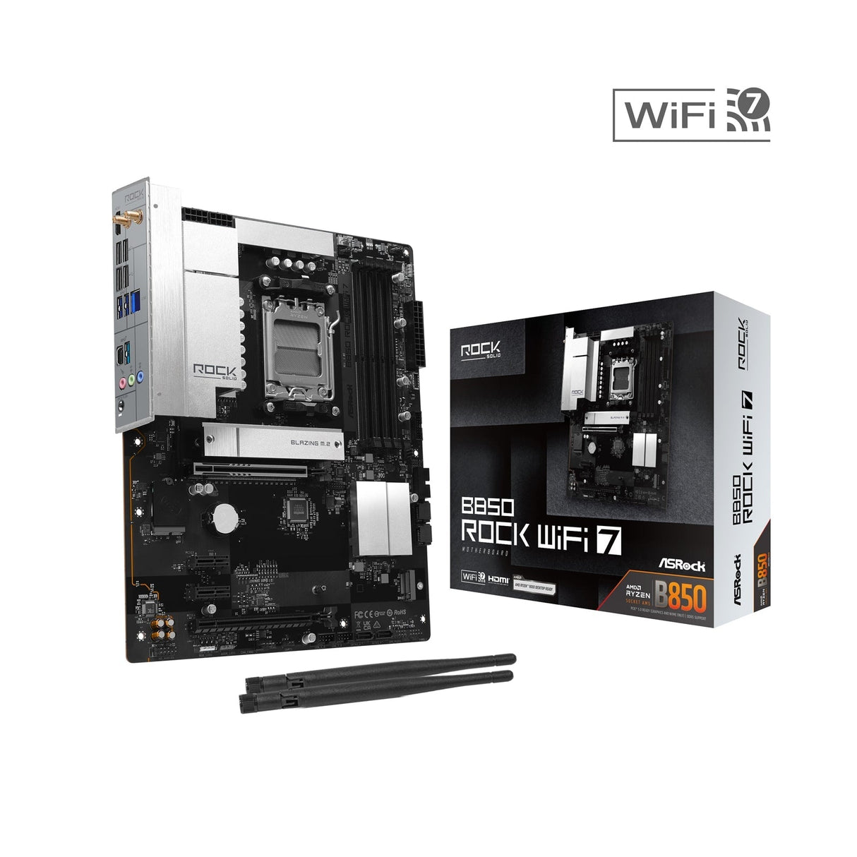 ASRock B850 Rock WiFi 7 AMD AM5 Socket Motherboard, ATX, 4x DDR5 Slots, 2x M.2 Socket, Fitted I/O Shield, 2.5GbE LAN, Wi-Fi 7, 1x HDMI Port