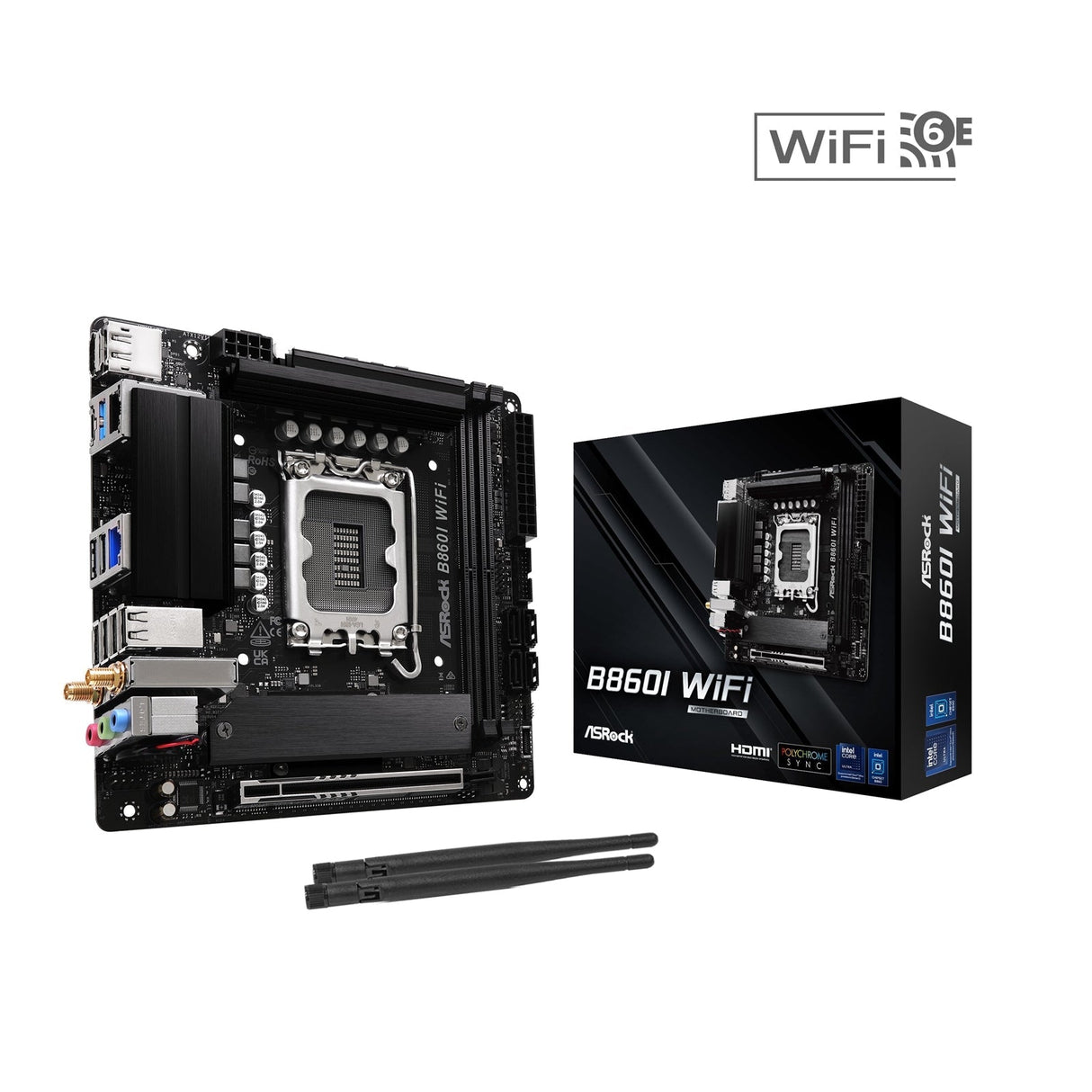 ASRock B860I WiFi Intel 1851 Socket Motherboard, Mini-ITX, 2x DDR5 Slots, 2x M.2 Socket, 2.5GbE + 1GbE LAN, Wi-Fi 6E, 1x DisplayPort / 1x HDMI Port