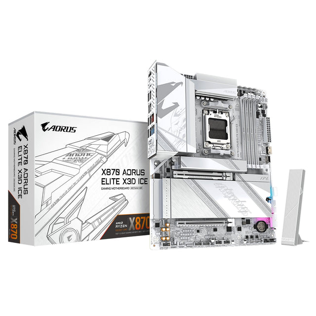 Gigabyte X870 AORUS ELITE X3D ICE AMD AM5 Socket Motherboard, ATX, 4x DDR5 Slots, 4x M.2 Socket, 5GbE LAN, WiFi 7, 1x HDMI Port / 2x USB-C (USB4)